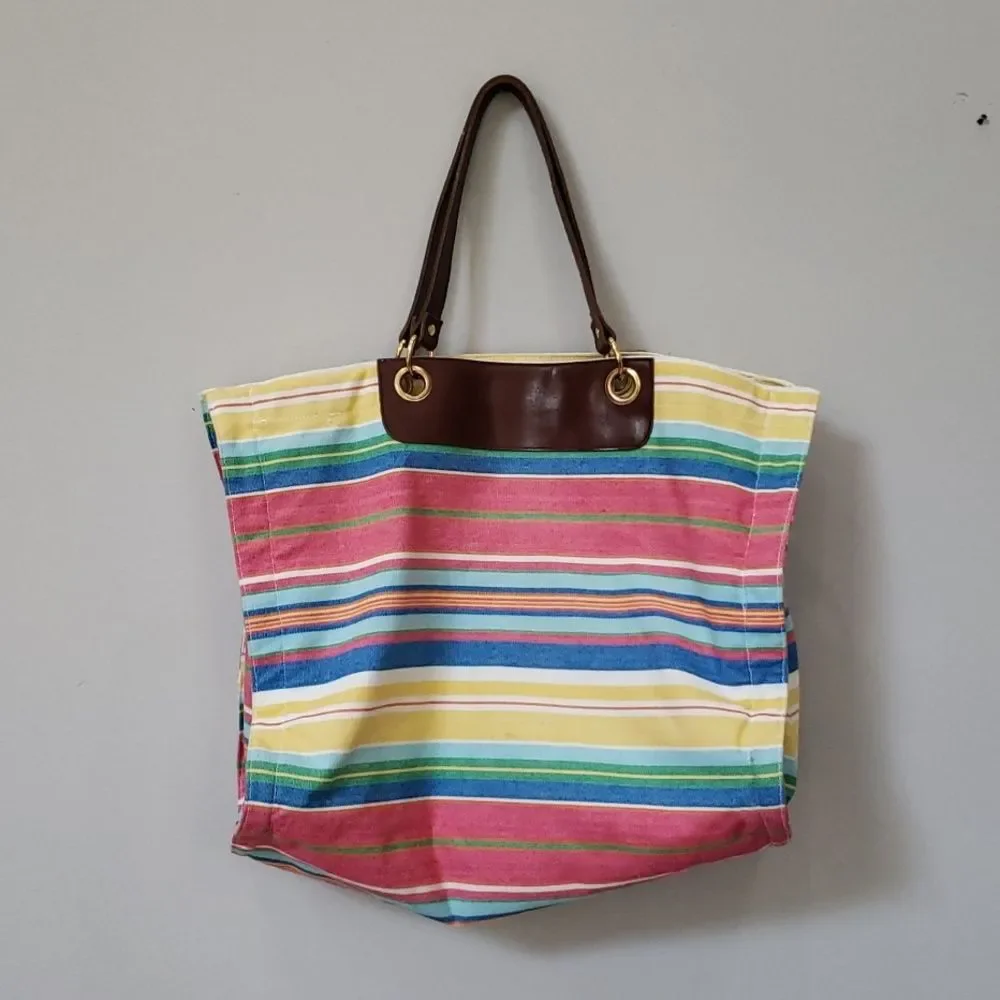 Talbots Tote Colorful Striped Cotton Leather Double Handles XL Beach Mom Stuff